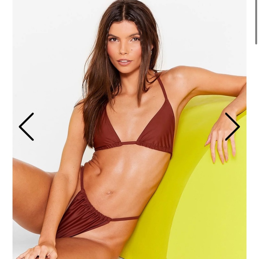 Brown high leg ruched tanga triangle bikini set